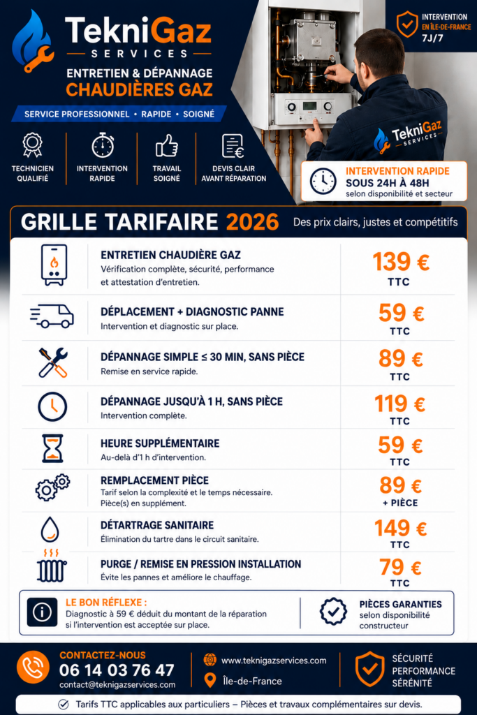 Tarifs entretien et dépannage chaudière gaz TekniGaz Services Île-de-France 2026